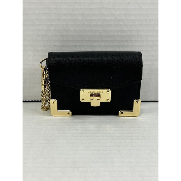 Michael Kors Card  Wallet Kingsley Accordion Key Black Leather Gold Chain - Picture 1 of 12